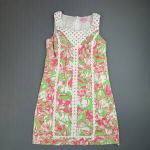 Lilly Pulitzer Floral Shift Dress Pink Green Eyelet Trim Resort Preppy 6